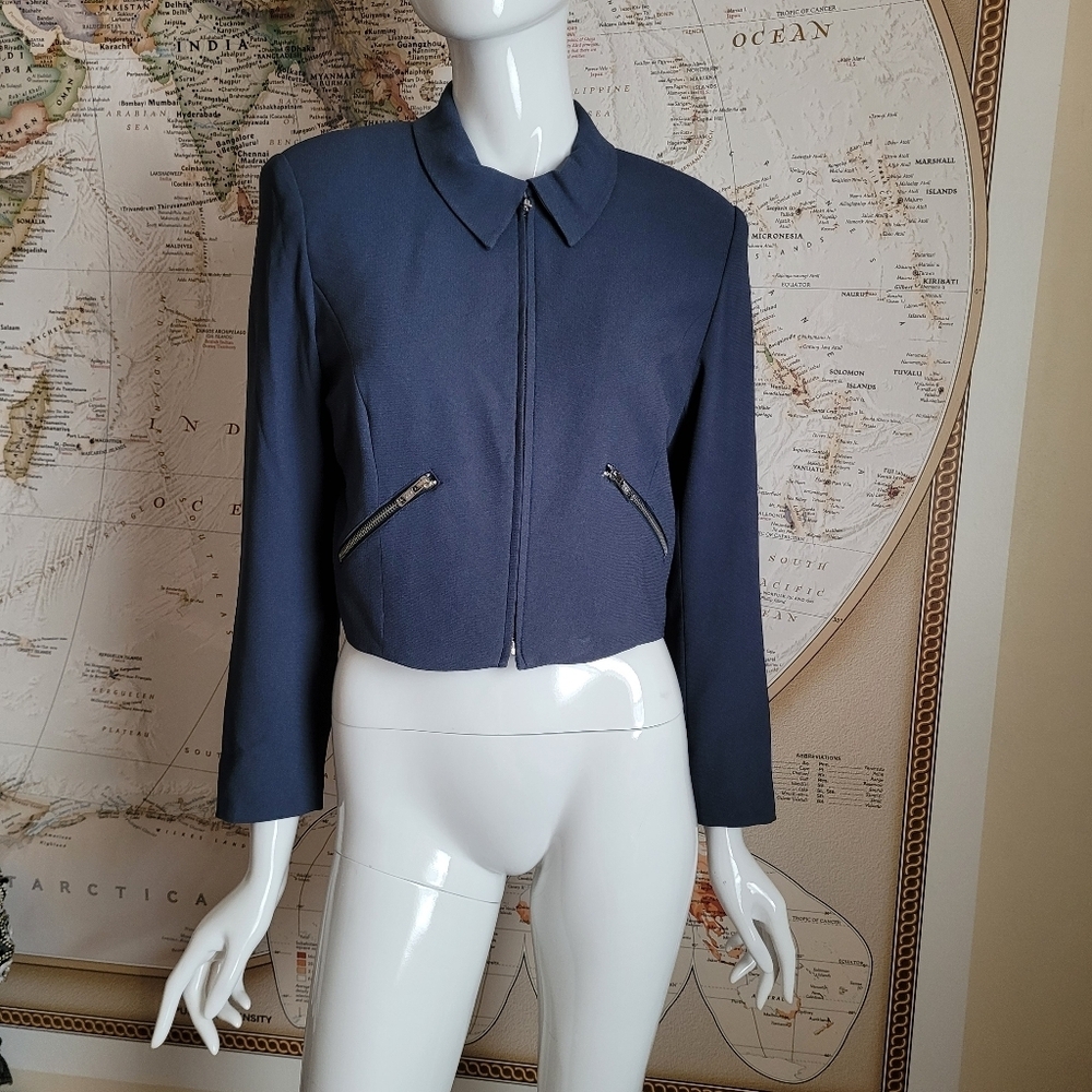Kenar slate blue gray cropped lined blazer zip pockets collar office edgy lady 8 - Picture 1 of 10